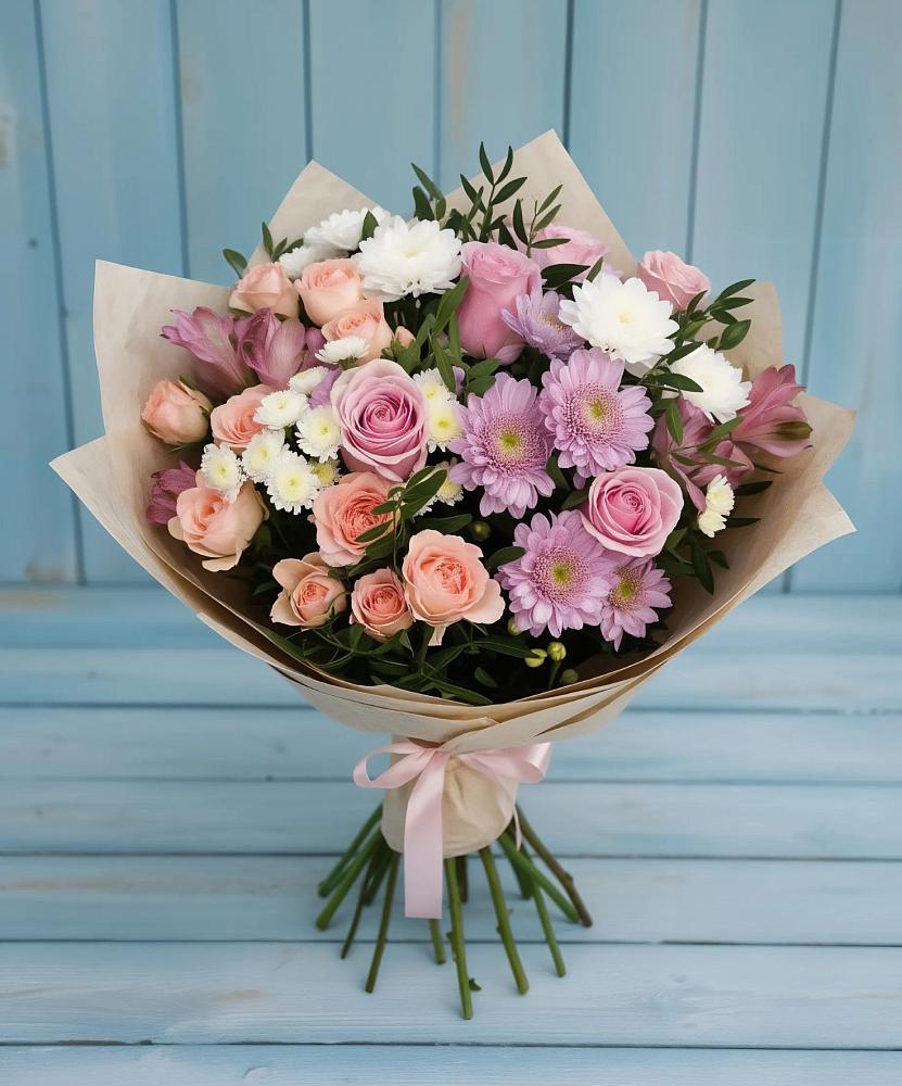 Букет цветов из: Хризантемы, Розы и Альстромерии в Красном-на-Волге