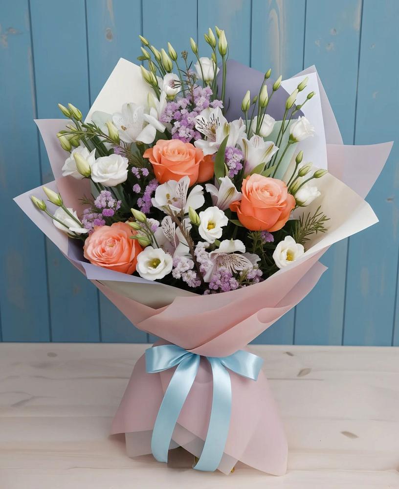 Букет цветов из: Лизиантусы, Розы, Альстромерии и Гипсофила в Красном-на-Волге