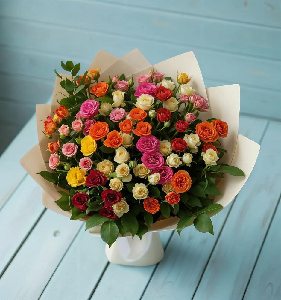 Букет Микс из разноцветных кустовых роз в Красном-на-Волге