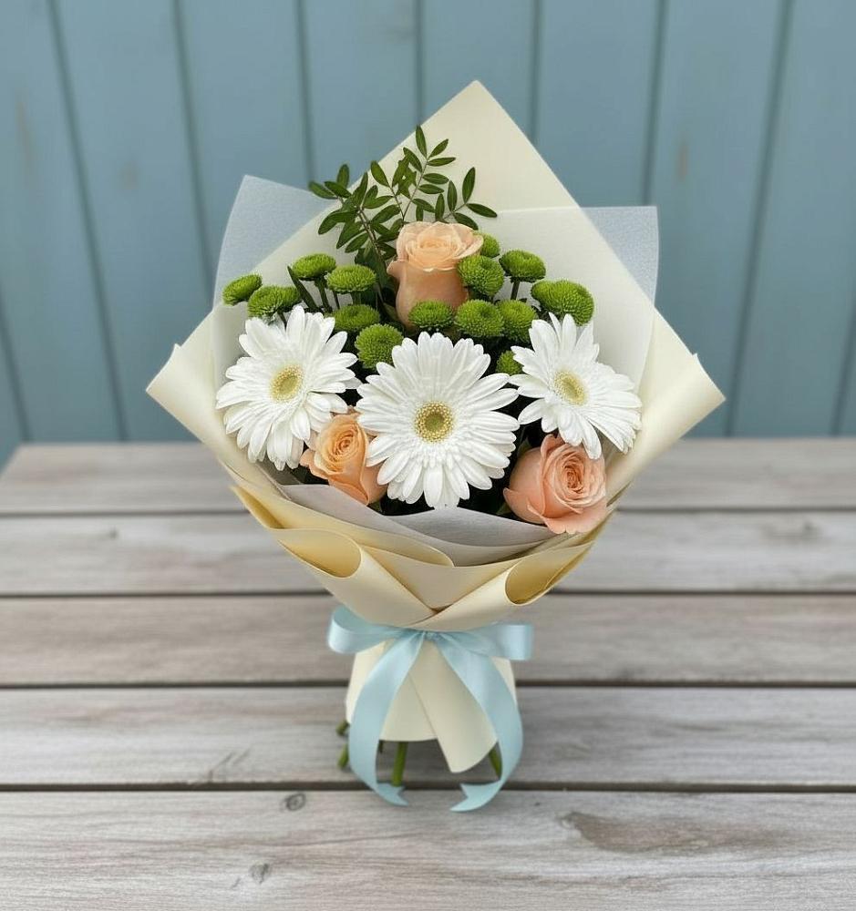 Букет цветов из: Герберы, Розы и Хризантемы в Красном-на-Волге
