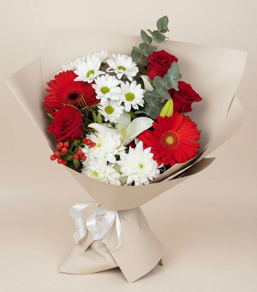 Букет цветов из: Розы, Хризантемы, Герберы и Лилии в Красном-на-Волге